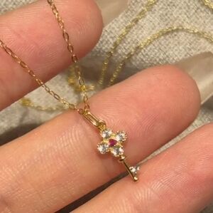 NEW! 18K Gold Plated CZ Cubic Zirconia & Ruby Tiny Key Pendant Necklace